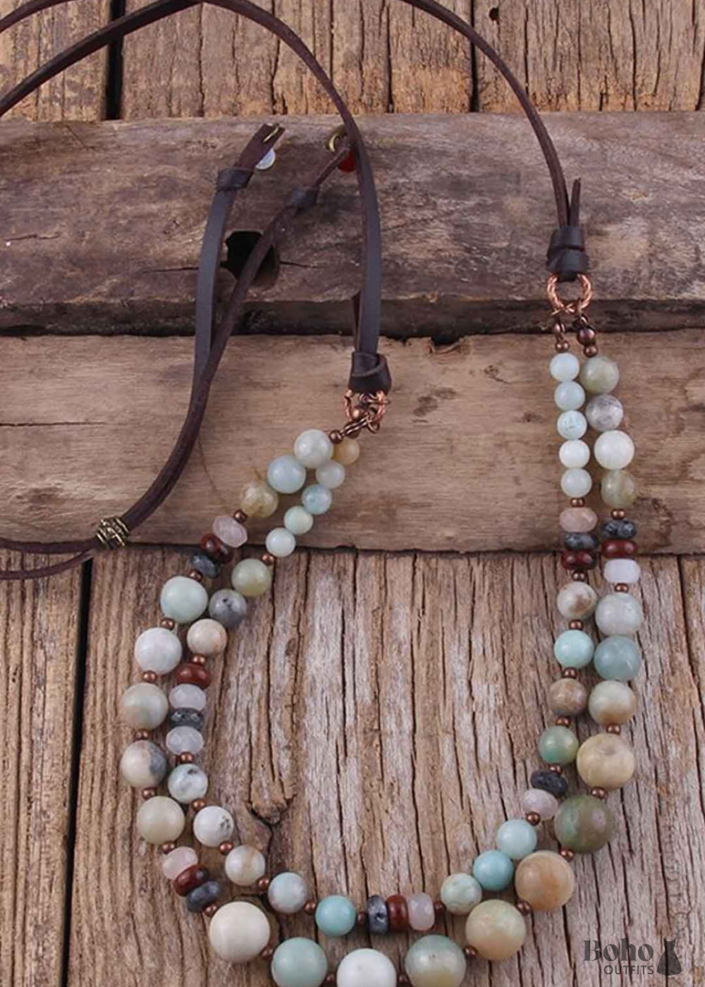 Boho Necklace RH Precious Natural Stones Links with Leather