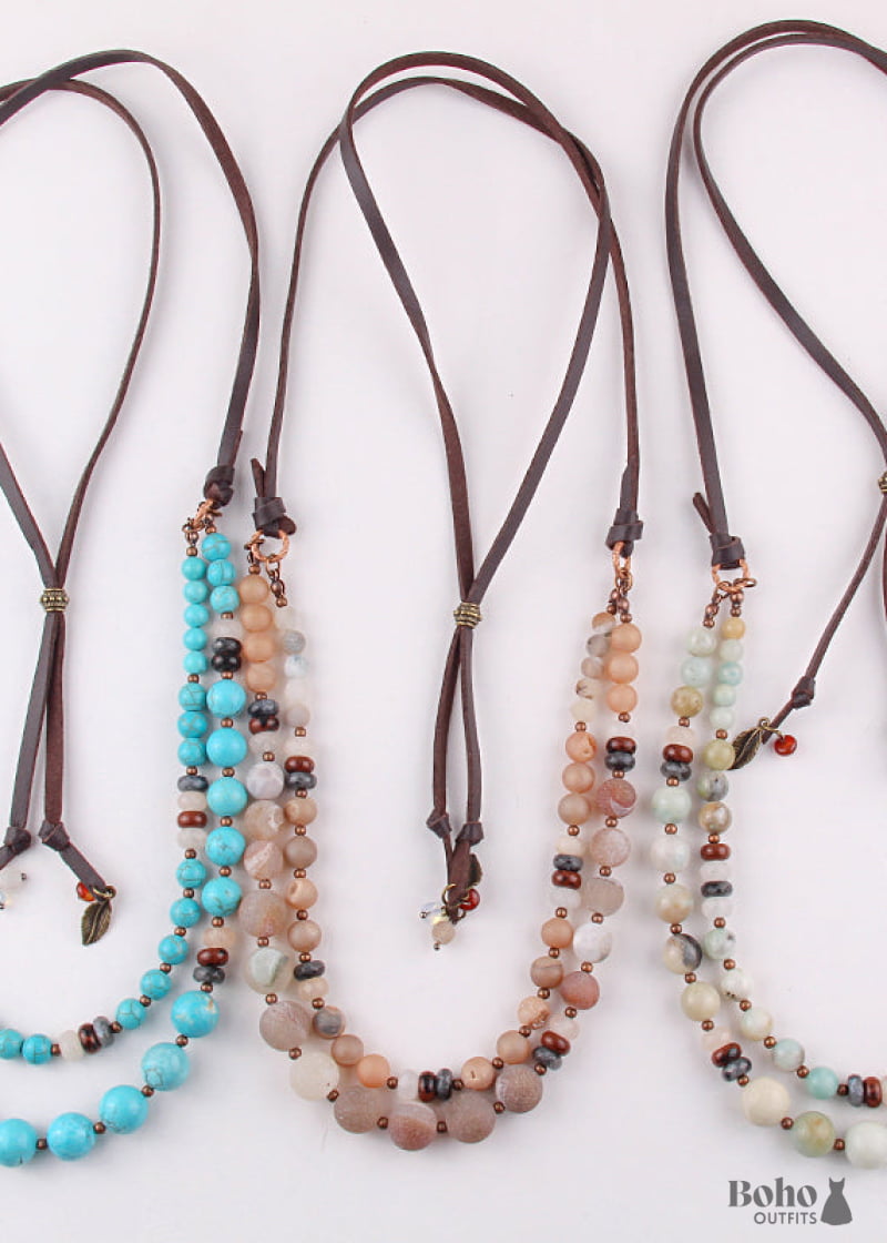 Boho Necklace RH Precious Natural Stones Links with Leather