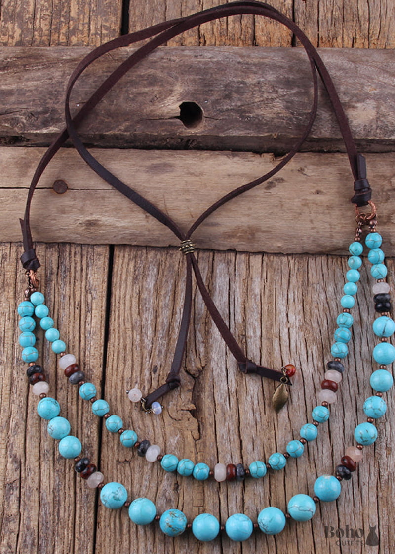 Boho Necklace RH Precious Natural Stones Links with Leather