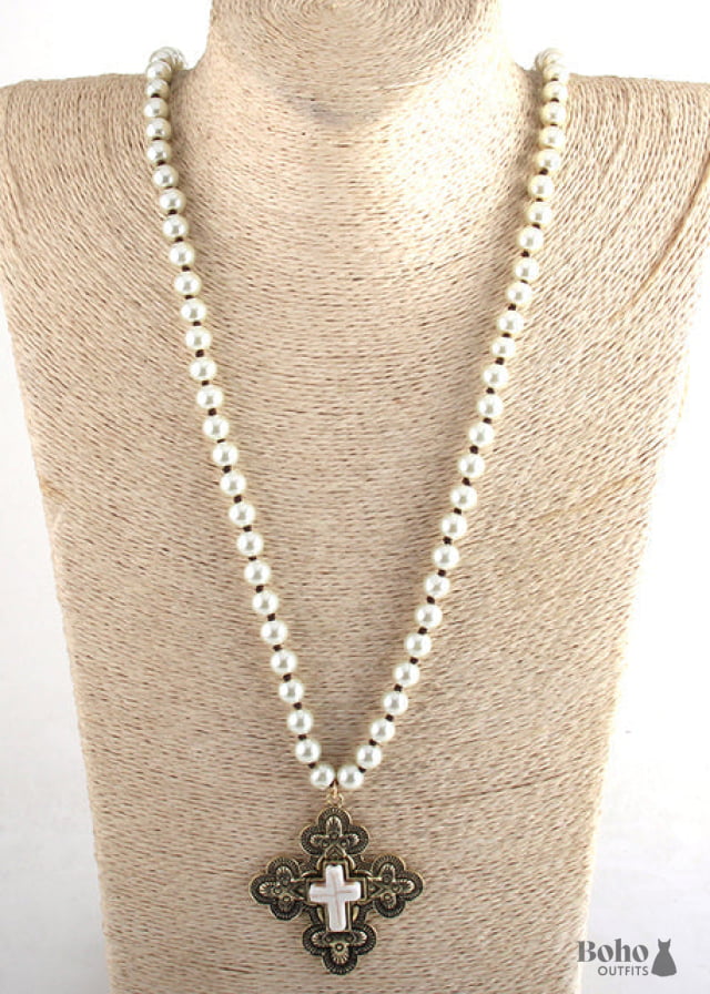 Boho Necklace RH Precious Pearl Cross - 1 / 88cm - Jewelry