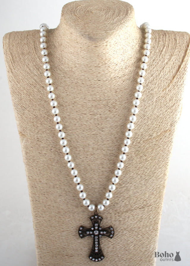 Boho Necklace RH Precious Pearl Cross - 2 / 88cm - Jewelry