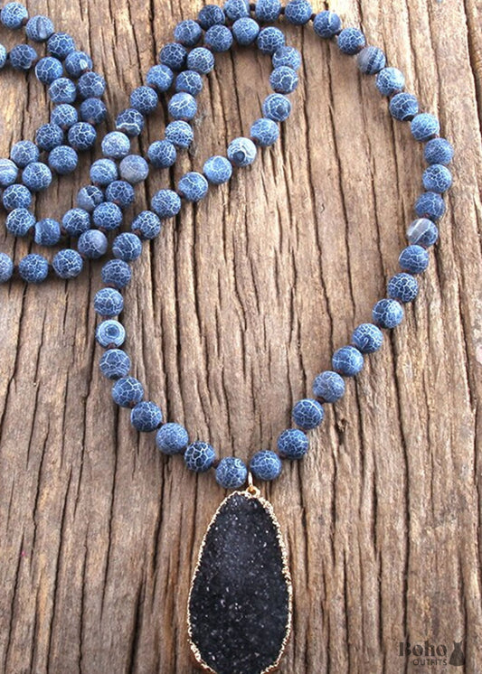 Boho Necklace RH Precious Stone Blue with Druzy - Jewelry