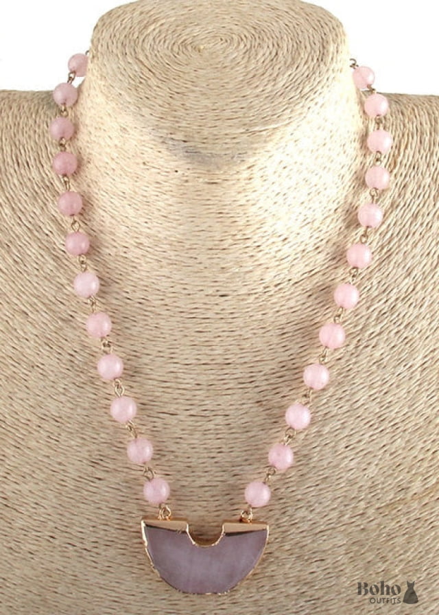 Boho Necklace RH Rose Quart Amazonite Half Moon Pink