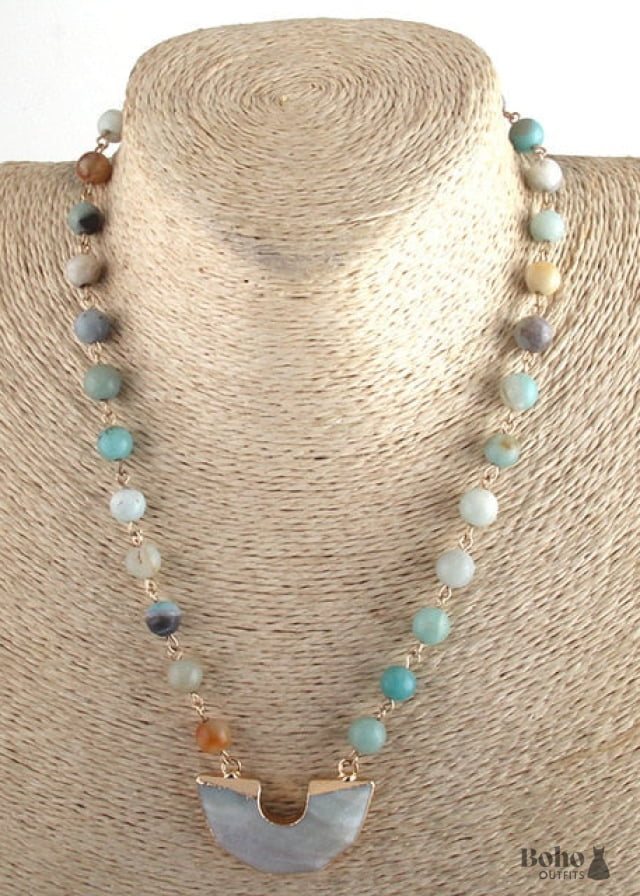 Boho Necklace RH Rose Quart Amazonite Half Moon Pink