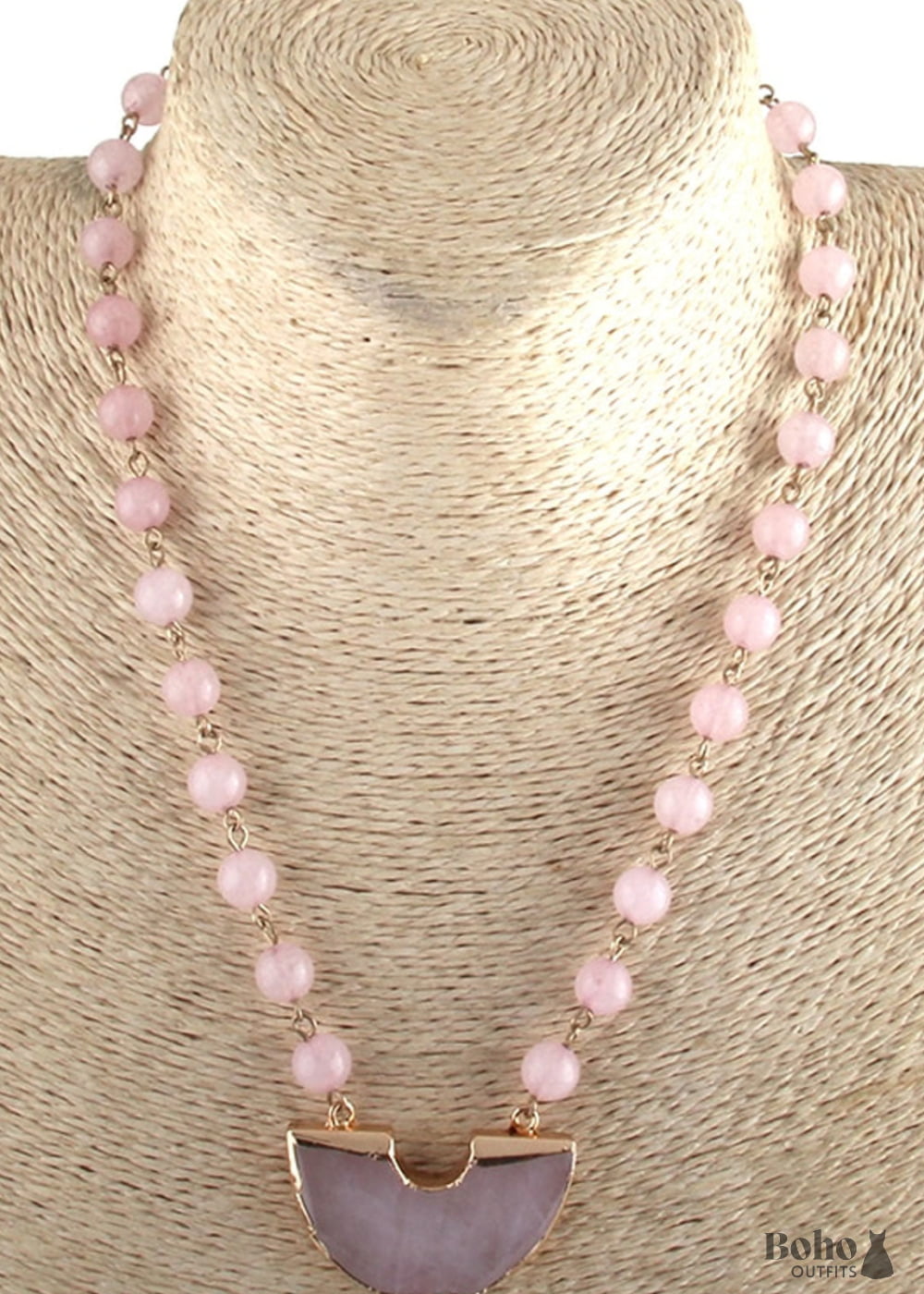 Boho Necklace RH Rose Quart Amazonite Half Moon Pink