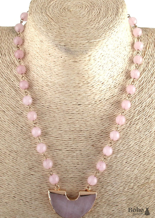 Boho Necklace RH Rose Quart Amazonite Half Moon Pink