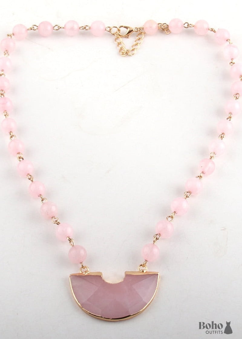 Boho Necklace RH Rose Quart Amazonite Half Moon Pink