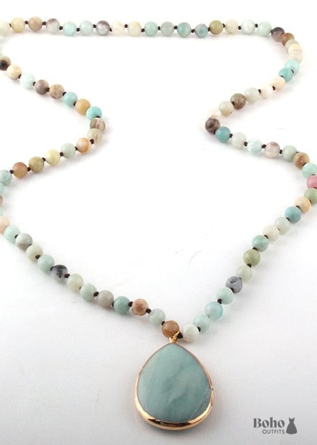 Boho Necklace RH Rose Quart Amazonite Oval Blue Pink Natural