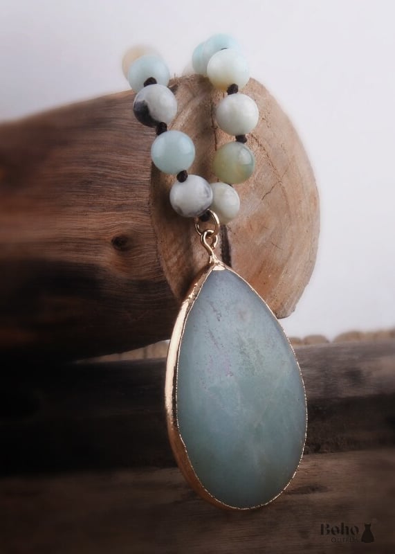 Boho Necklace RH Rose Quart Amazonite Oval Blue Pink Natural