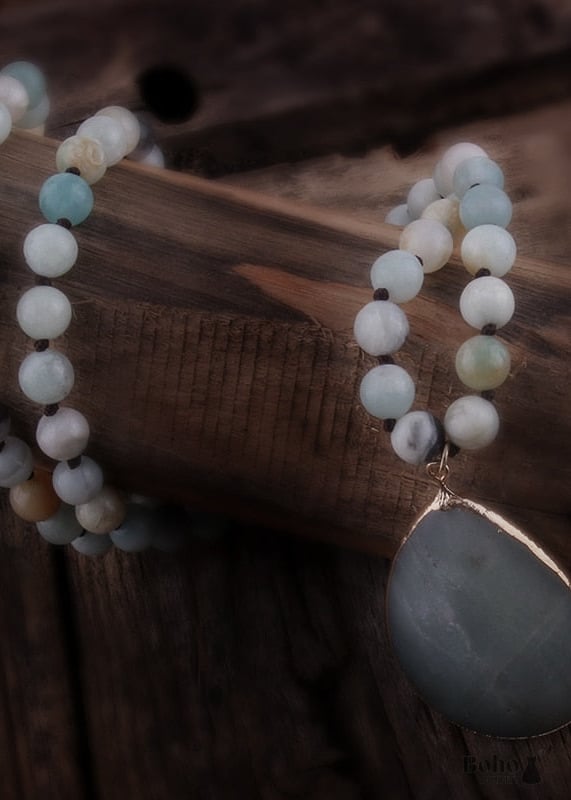 Boho Necklace RH Rose Quart Amazonite Oval Blue Pink Natural