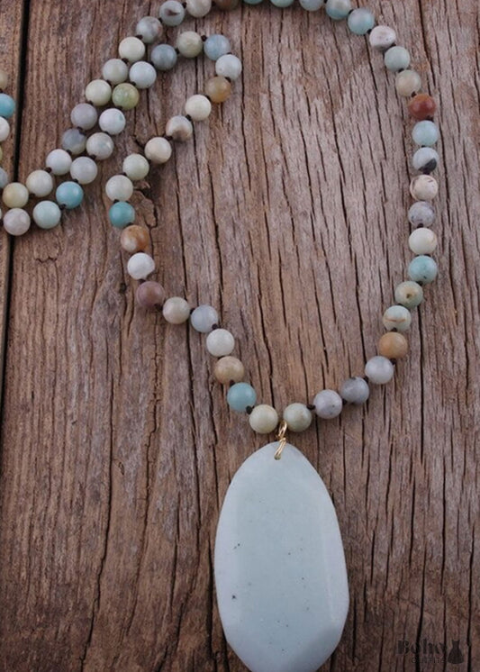 Boho Necklace RH Rose Quart Amazonite Oval Blue White Black