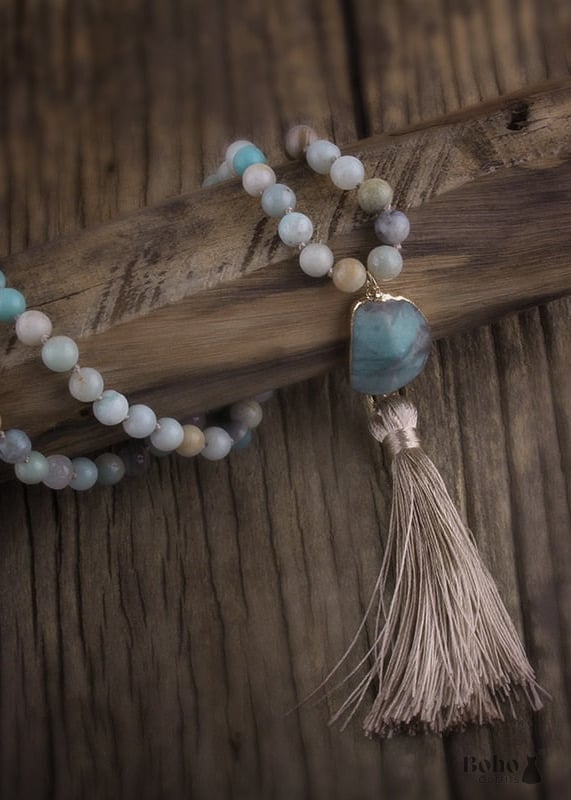 Boho Necklace RH Rose Quart Amazonite Oval Tassel Pink