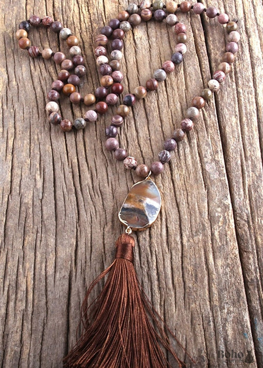 Boho Necklace RH Rose Quart Amazonite Oval Tassel Pink