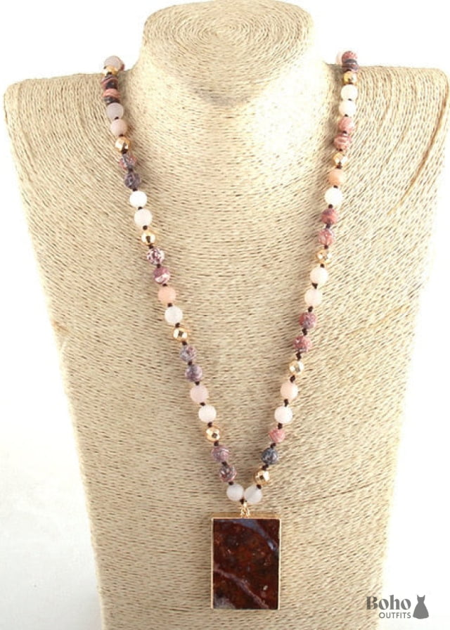 Boho Necklace RH Rose Quart Amazonite Square Pink Green