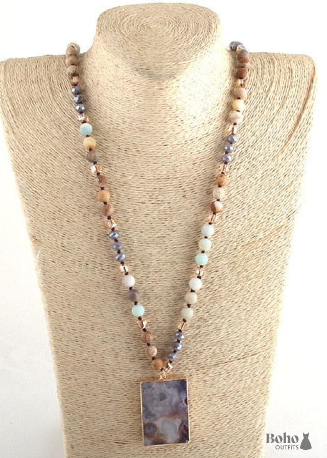 Boho Necklace RH Rose Quart Amazonite Square Pink Green