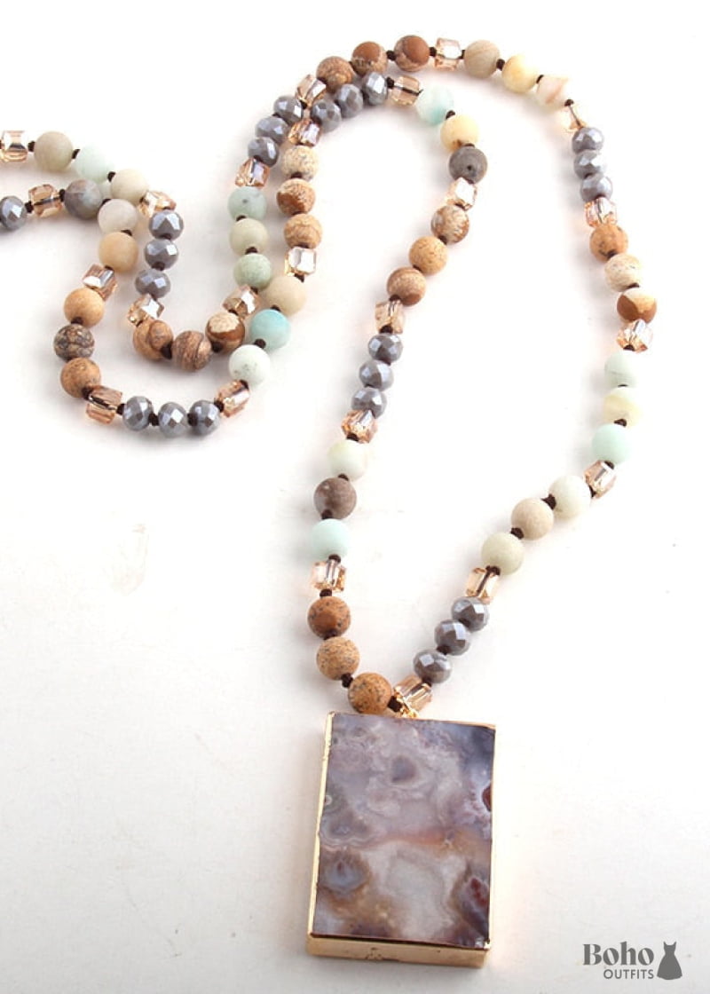 Boho Necklace RH Rose Quart Amazonite Square Pink Green