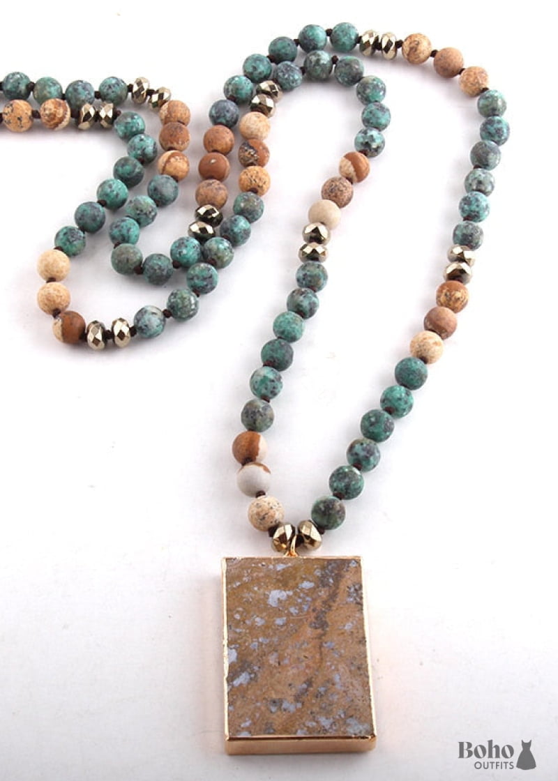 Boho Necklace RH Rose Quart Amazonite Square Pink Green