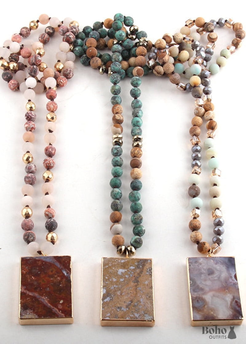 Boho Necklace RH Rose Quart Amazonite Square Pink Green