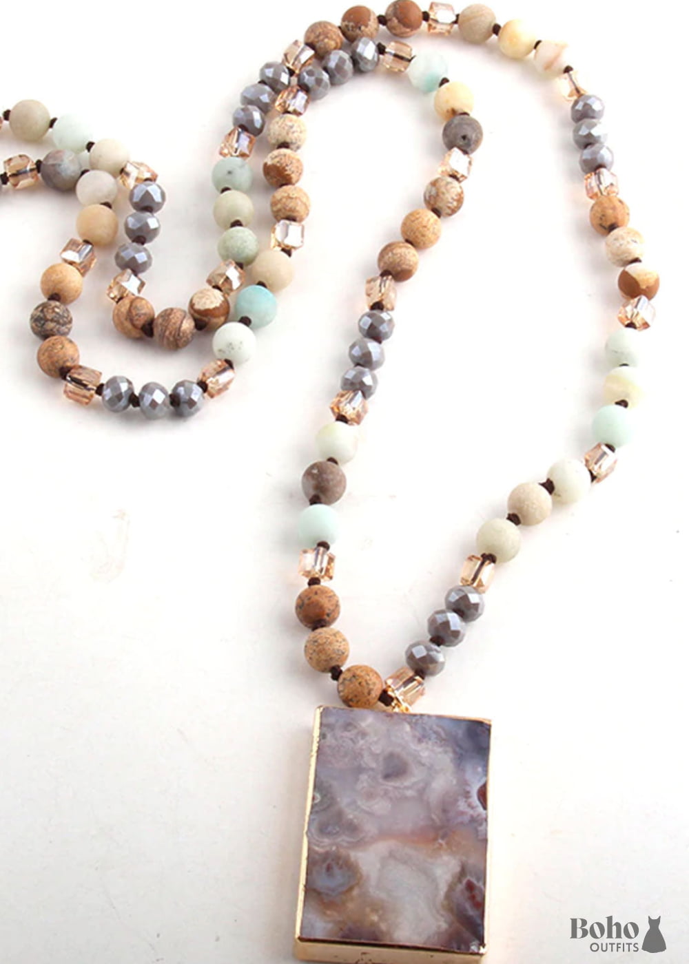 Boho Necklace RH Rose Quart Amazonite Square Pink Green