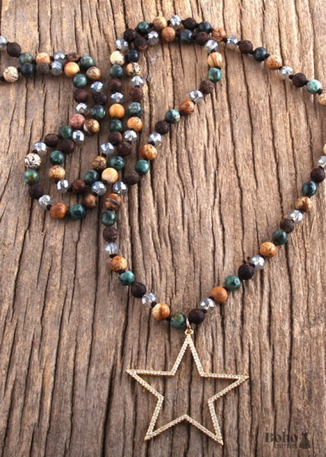 Boho Necklace RH Tiger Eye Star Brown Natural Stone - 1