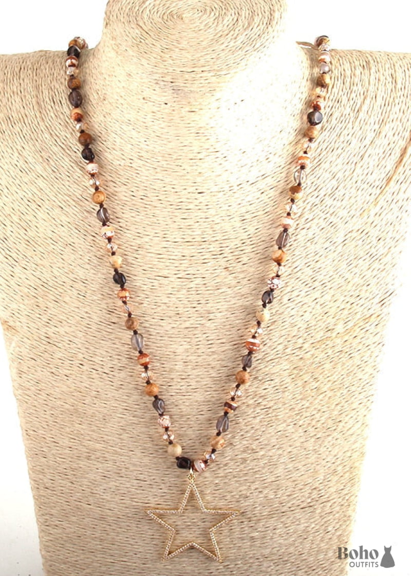 Boho Necklace RH Tiger Eye Star Brown Natural Stone