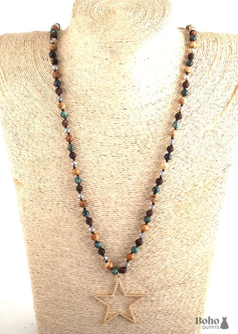 Boho Necklace RH Tiger Eye Star Brown Natural Stone