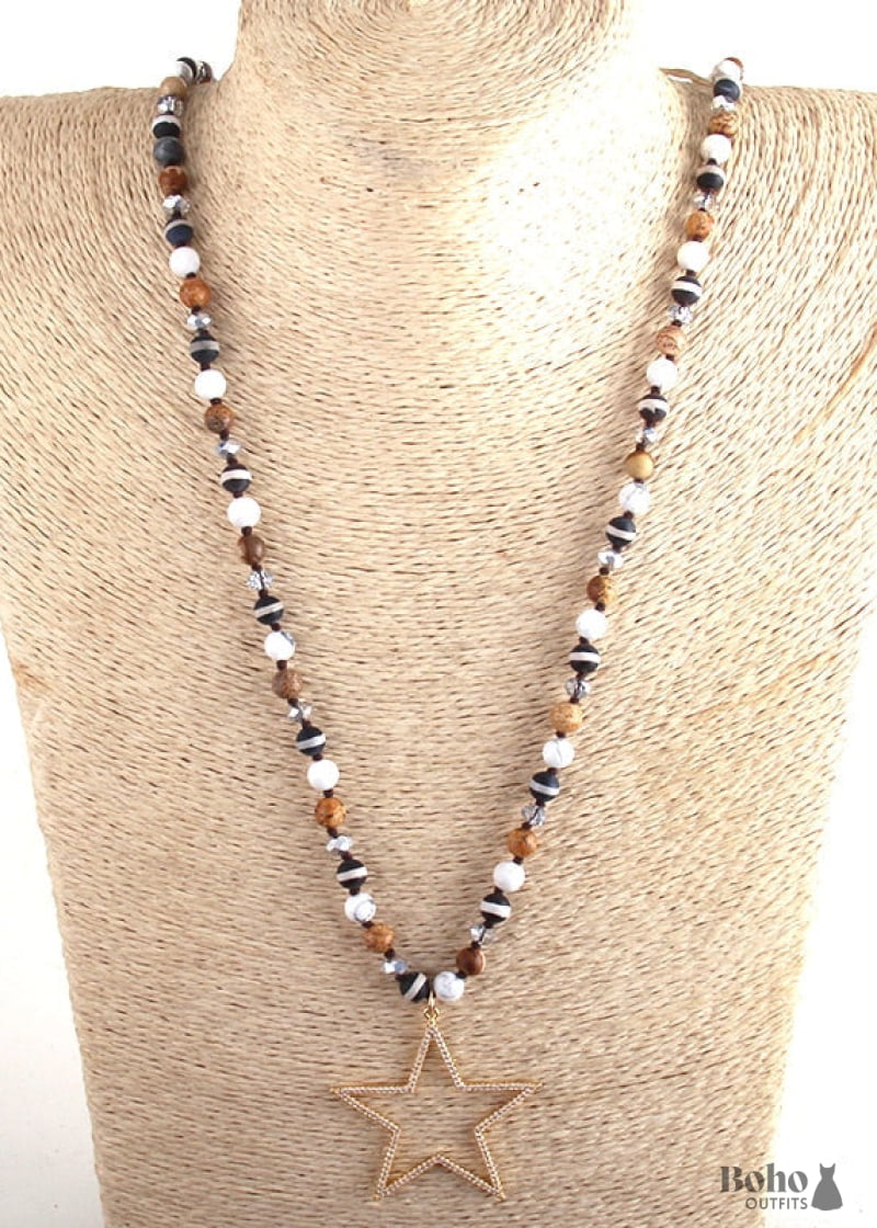 Boho Necklace RH Tiger Eye Star Brown Natural Stone