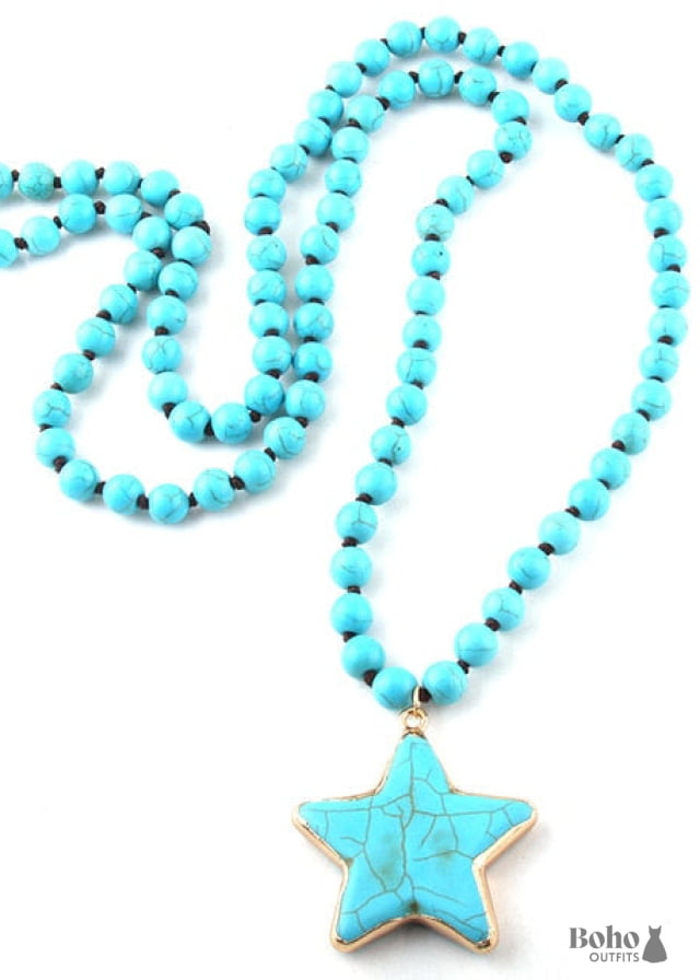 Boho Necklace RH Turquoise White Blue Natural Stone - 86cm