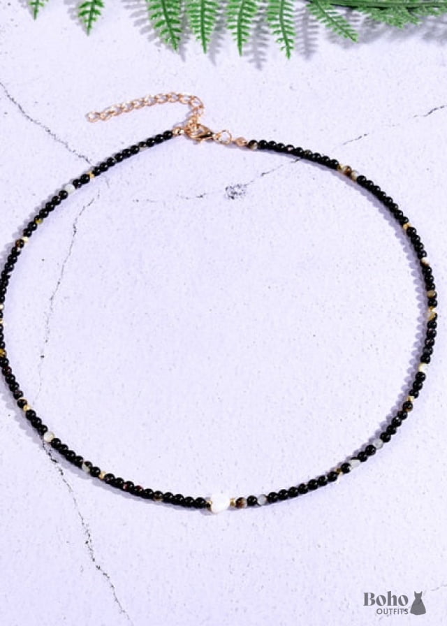 Boho Necklace,Seed Bead Choker Black and White Crystal