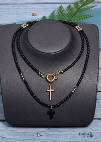 Boho Necklace Seed Bead Layered Choker Double Cross - 1