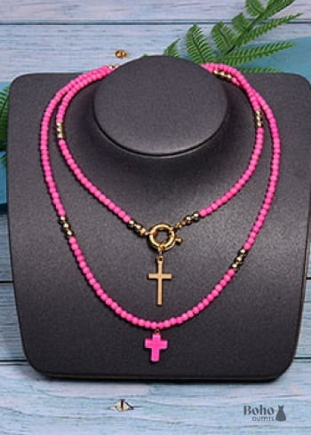 Boho Necklace Seed Bead Layered Choker Double Cross - 10