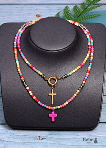 Boho Necklace Seed Bead Layered Choker Double Cross - 2