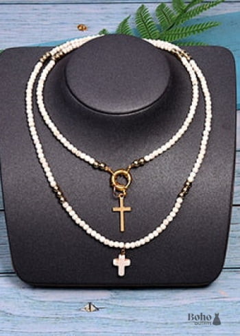 Boho Necklace Seed Bead Layered Choker Double Cross - 3