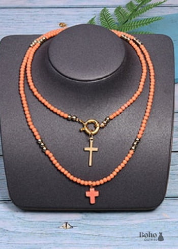 Boho Necklace Seed Bead Layered Choker Double Cross - 6