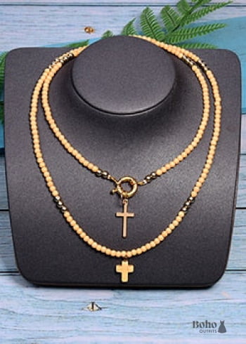 Boho Necklace Seed Bead Layered Choker Double Cross - 7