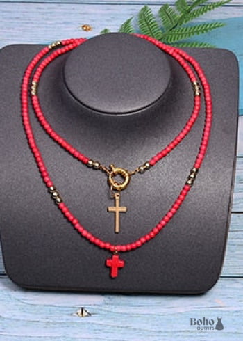 Boho Necklace Seed Bead Layered Choker Double Cross - 8 Red