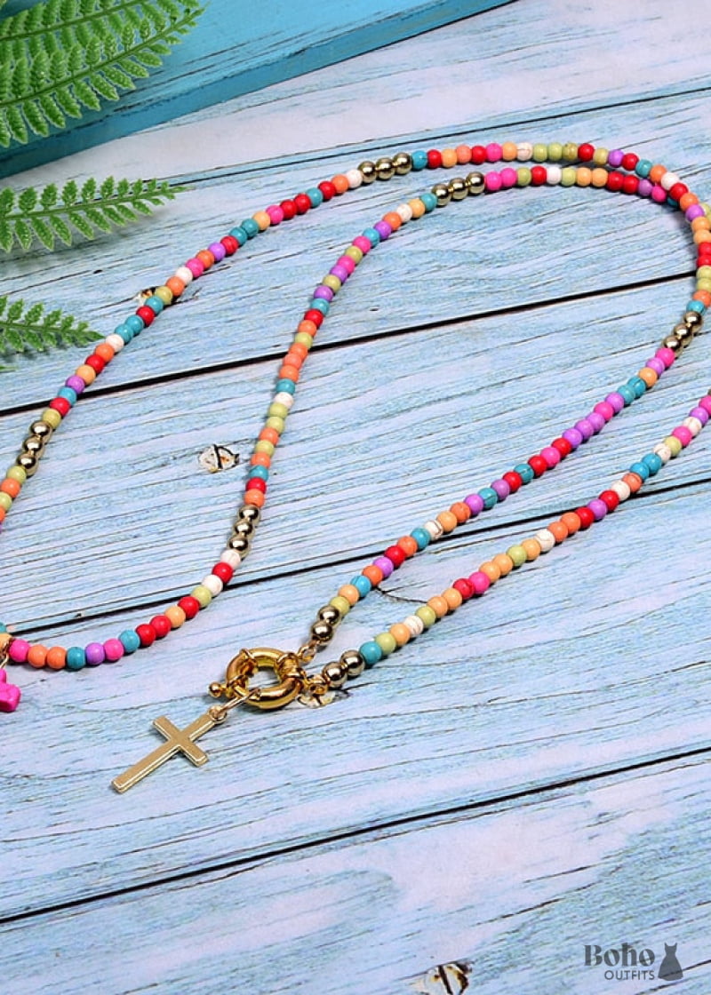 Boho Necklace Seed Bead Layered Choker Double Cross