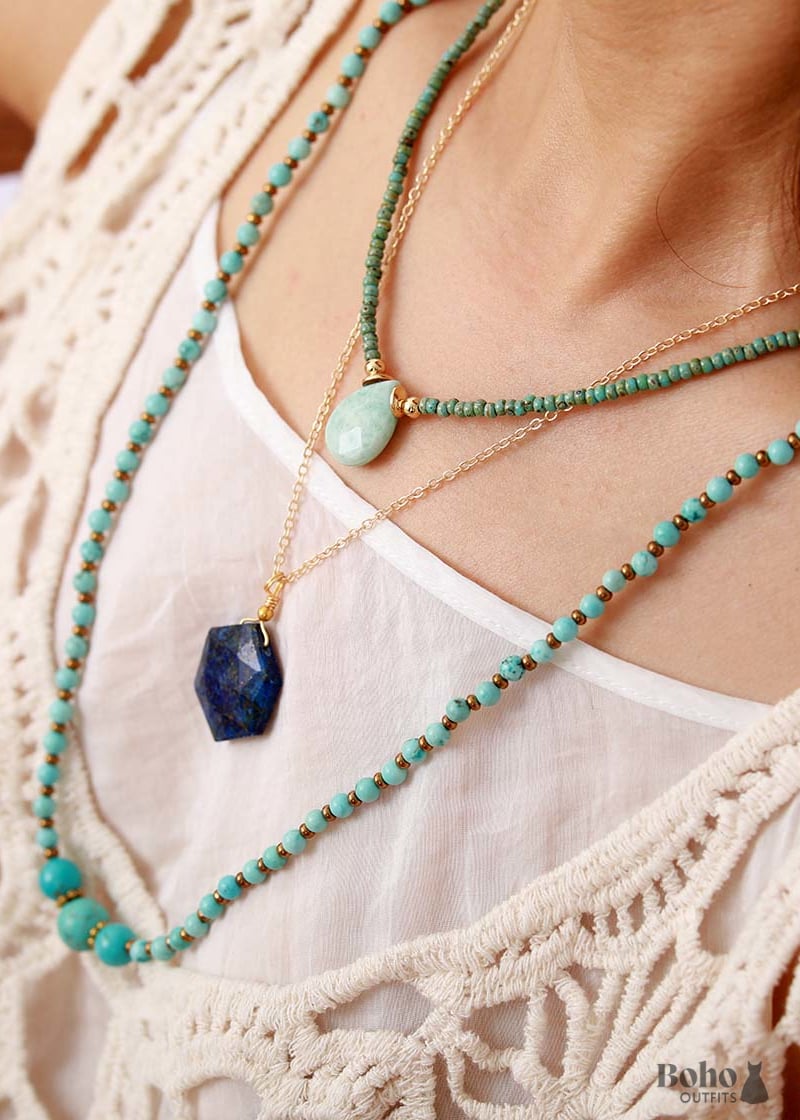 Boho Necklace Seed Beads Amazonite and Lapis - Jewelry