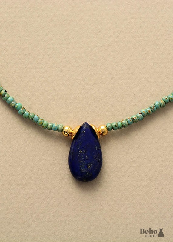 Boho Necklace Seed Beads Amazonite and Lapis - Jewelry