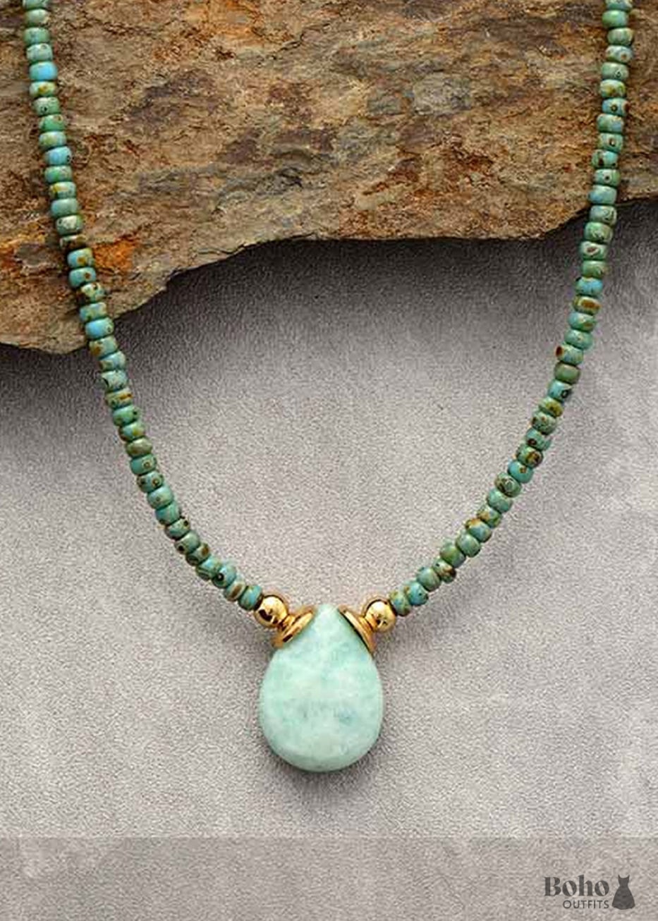 Boho Necklace Seed Beads Amazonite and Lapis - Jewelry