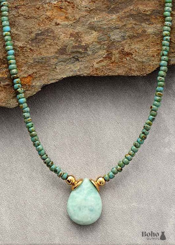 Boho Necklace Seed Beads Amazonite and Lapis - Jewelry