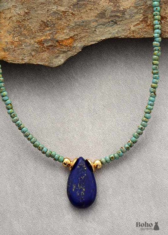 Boho Necklace Seed Beads Amazonite and Lapis - Jewelry