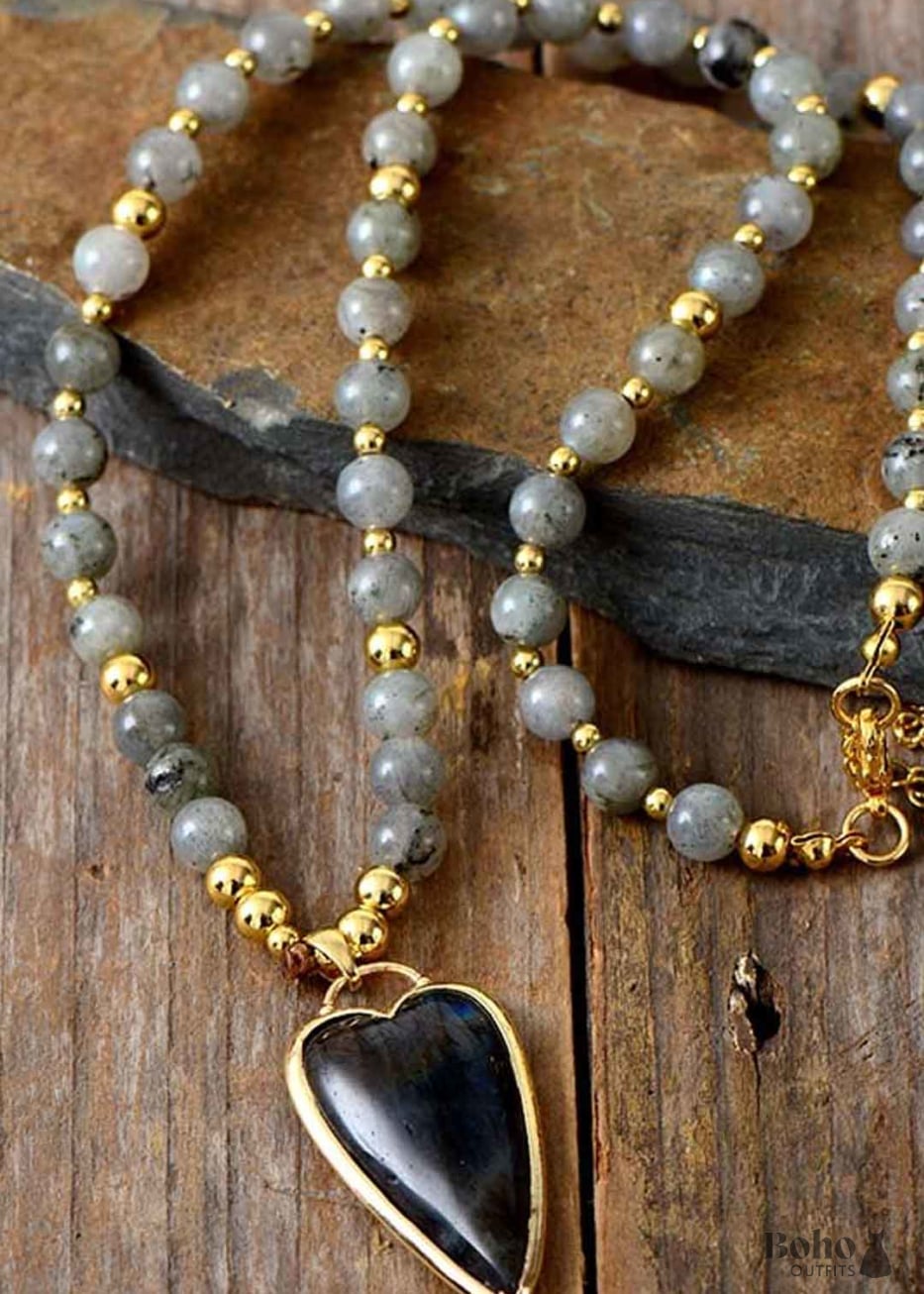 Boho Necklace Seed Beads Gems Stone Heart Pendant - Jewelry