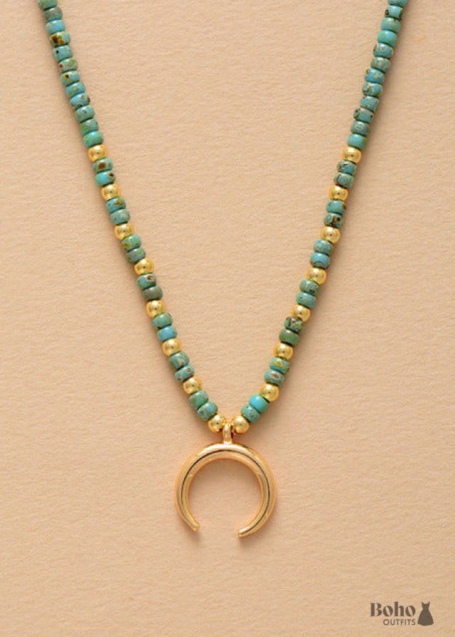 Boho Necklace Seed Beads Gold Horn Evil Eye Heart Pendant