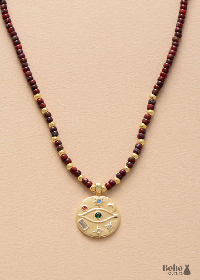 Boho Necklace Seed Beads Gold Horn Evil Eye Heart Pendant