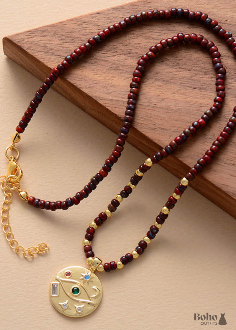 Boho Necklace Seed Beads Gold Horn Evil Eye Heart Pendant