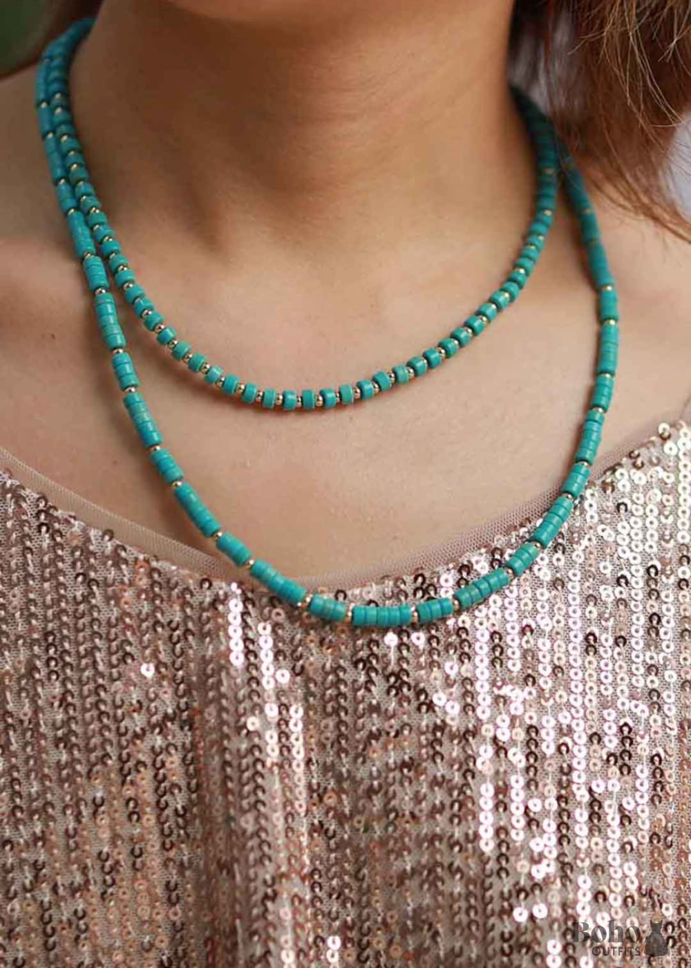 Boho Necklace Turquoises 2 Layers Chokers - Turquoise