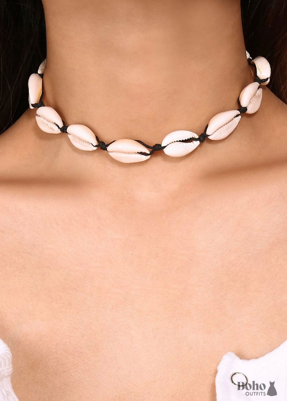 Boho Necklace White Puka Shell Black Ocean - Jewelry