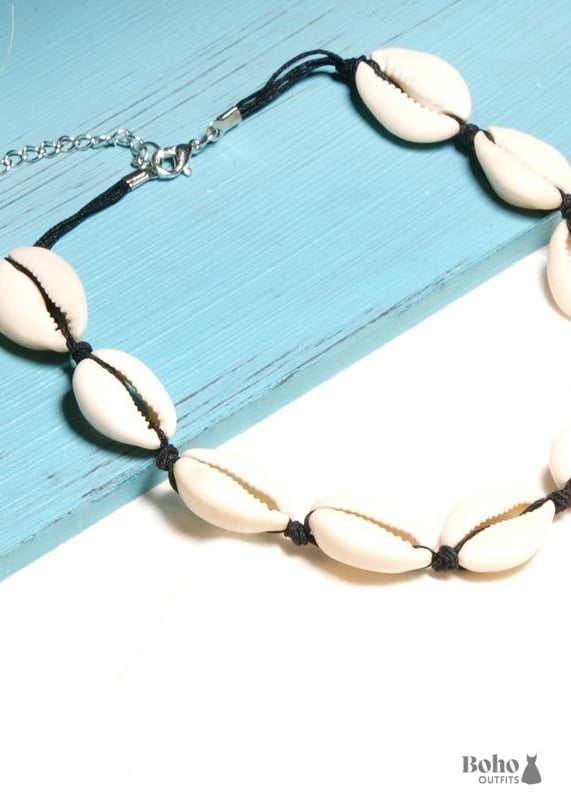 Boho Necklace White Puka Shell Black Ocean - Jewelry