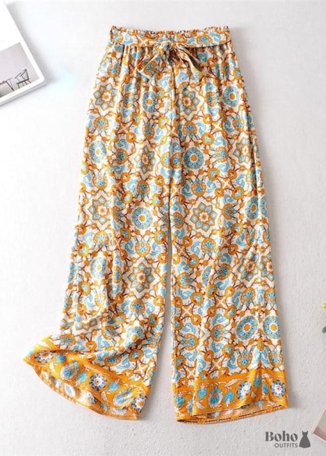 Boho Pants - Palazzo in Floral Indian Paisley Blue For Women